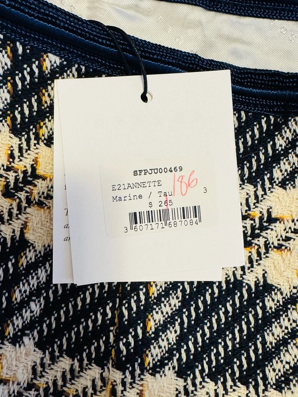 Sandro Navy and Cream Cropped Tweed Blazer and Skirt